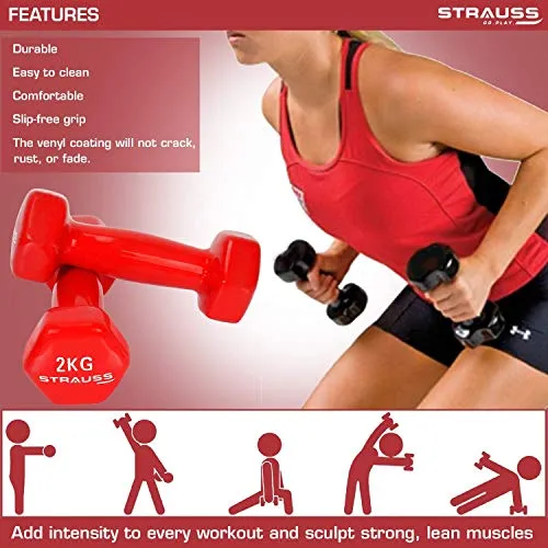 Strauss Vinyl Dumbbell, 2 KG (Pair), 1 KG Each, (Red)