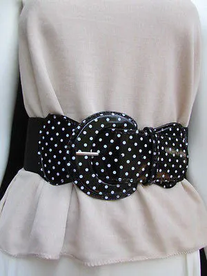 Stretch Waist Elastic White Polka Dots Round Buckle Belt