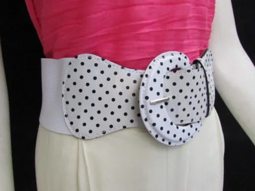 Stretch Waist Elastic White Polka Dots Round Buckle Belt