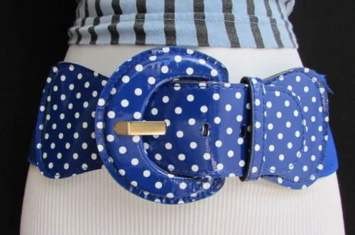Stretch Waist Elastic White Polka Dots Round Buckle Belt