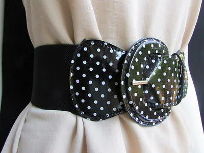 Stretch Waist Elastic White Polka Dots Round Buckle Belt