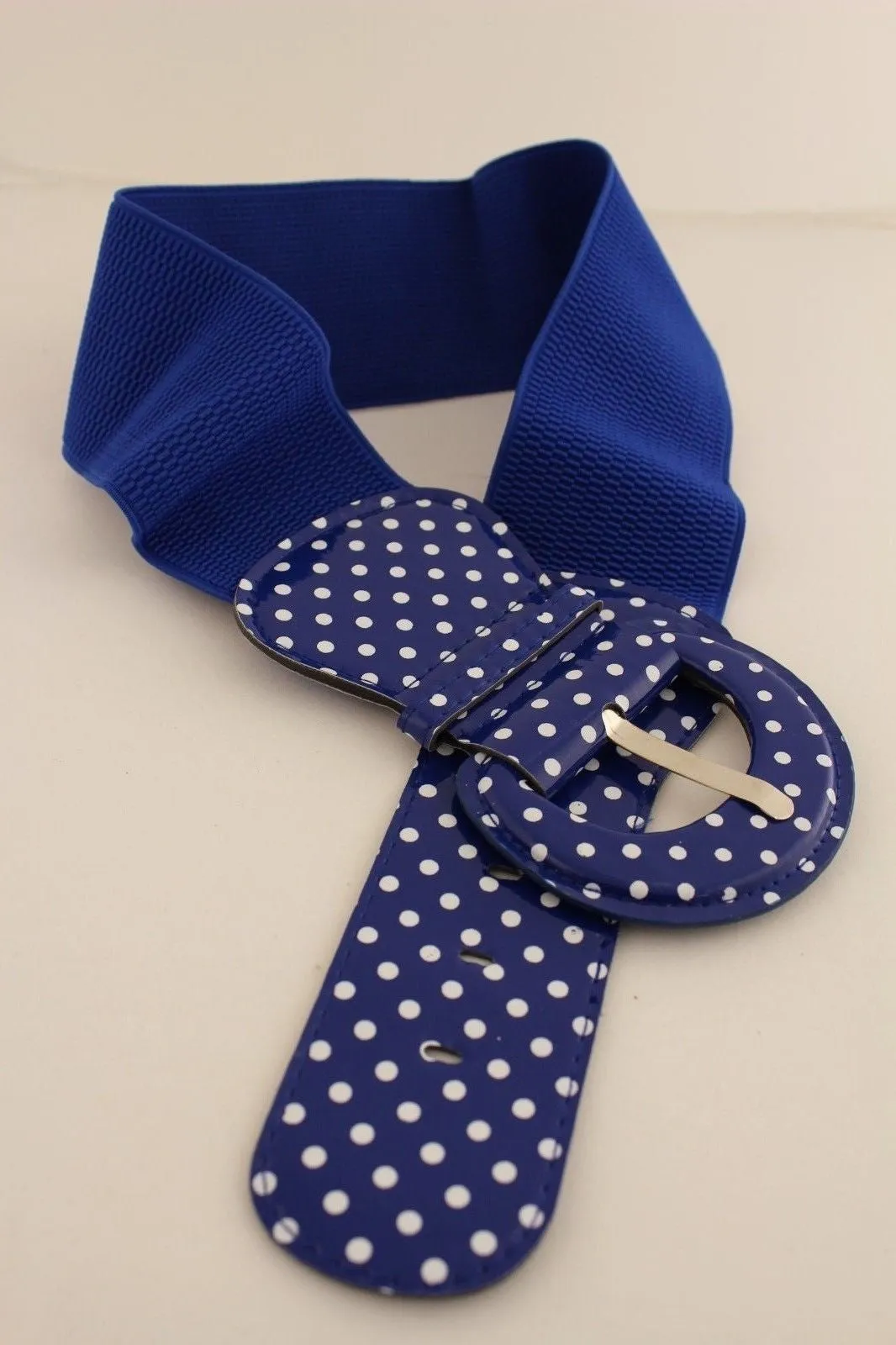 Stretch Waist Elastic White Polka Dots Round Buckle Belt