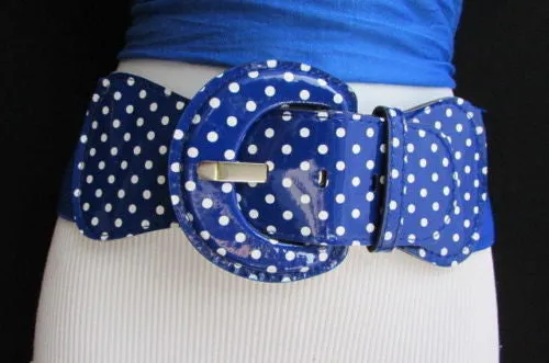 Stretch Waist Elastic White Polka Dots Round Buckle Belt