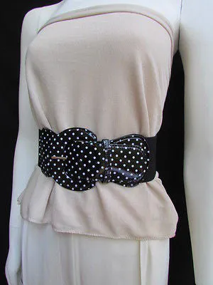 Stretch Waist Elastic White Polka Dots Round Buckle Belt