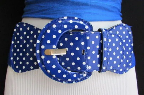 Stretch Waist Elastic White Polka Dots Round Buckle Belt
