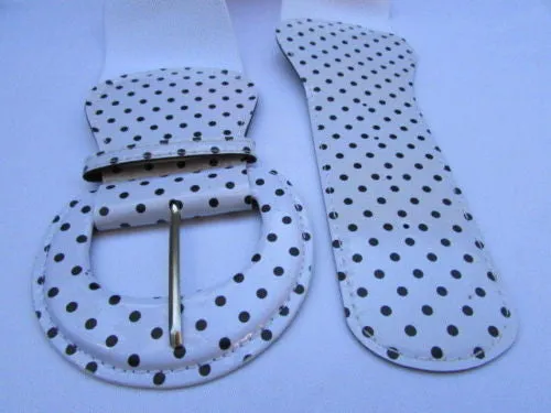 Stretch Waist Elastic White Polka Dots Round Buckle Belt