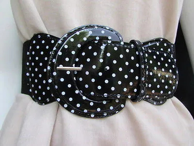 Stretch Waist Elastic White Polka Dots Round Buckle Belt