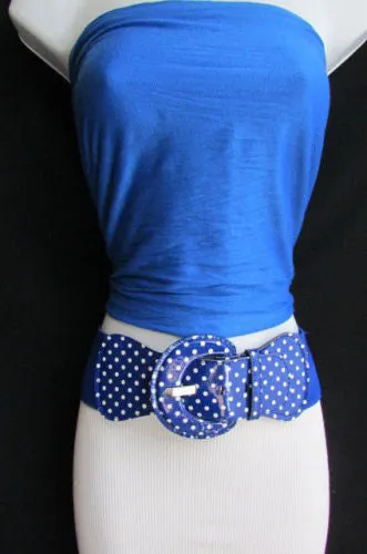 Stretch Waist Elastic White Polka Dots Round Buckle Belt