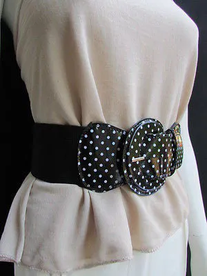 Stretch Waist Elastic White Polka Dots Round Buckle Belt