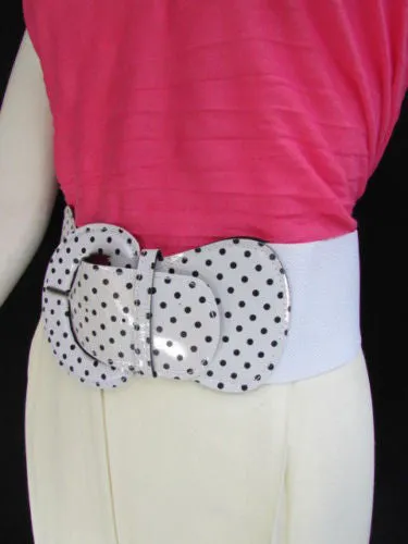 Stretch Waist Elastic White Polka Dots Round Buckle Belt