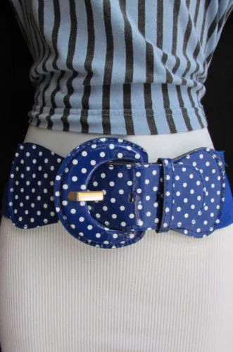 Stretch Waist Elastic White Polka Dots Round Buckle Belt