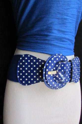Stretch Waist Elastic White Polka Dots Round Buckle Belt