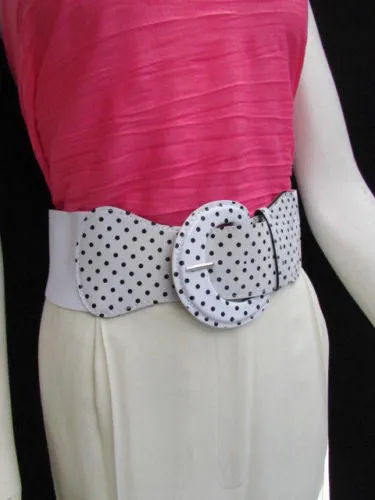 Stretch Waist Elastic White Polka Dots Round Buckle Belt