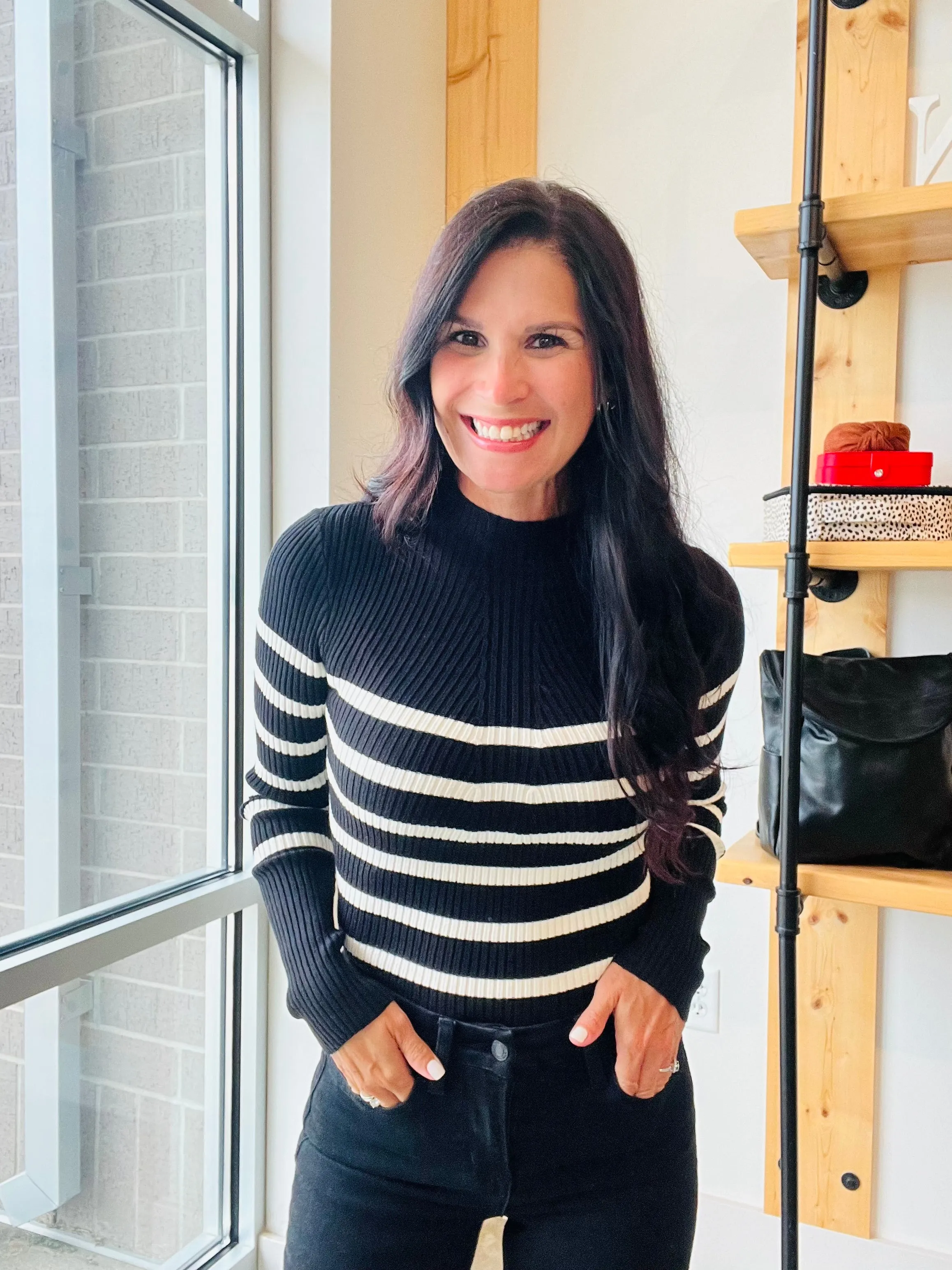 Stripe Mock Neck Sweater in Black
