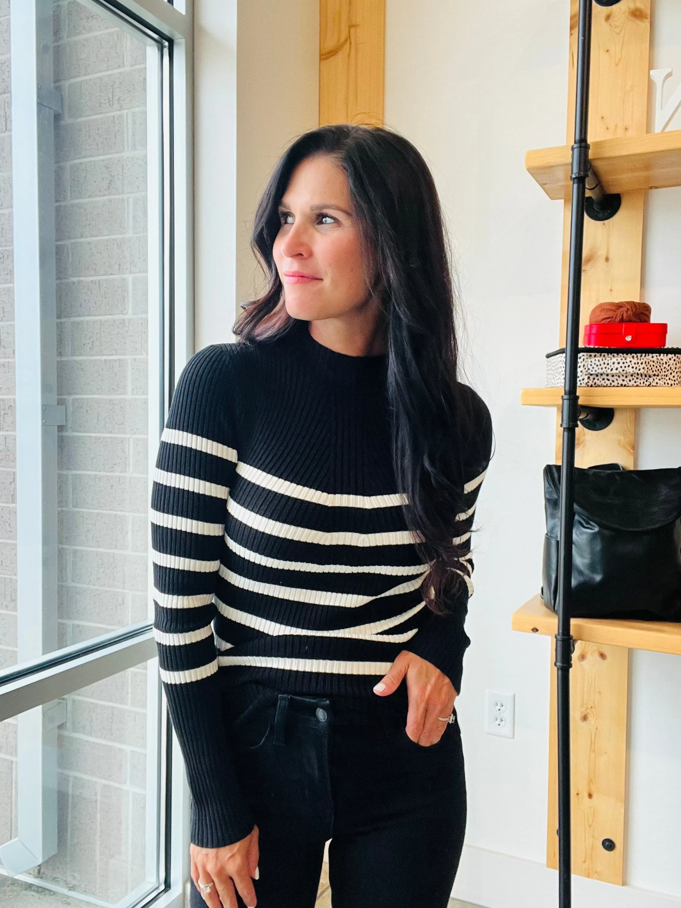 Stripe Mock Neck Sweater in Black