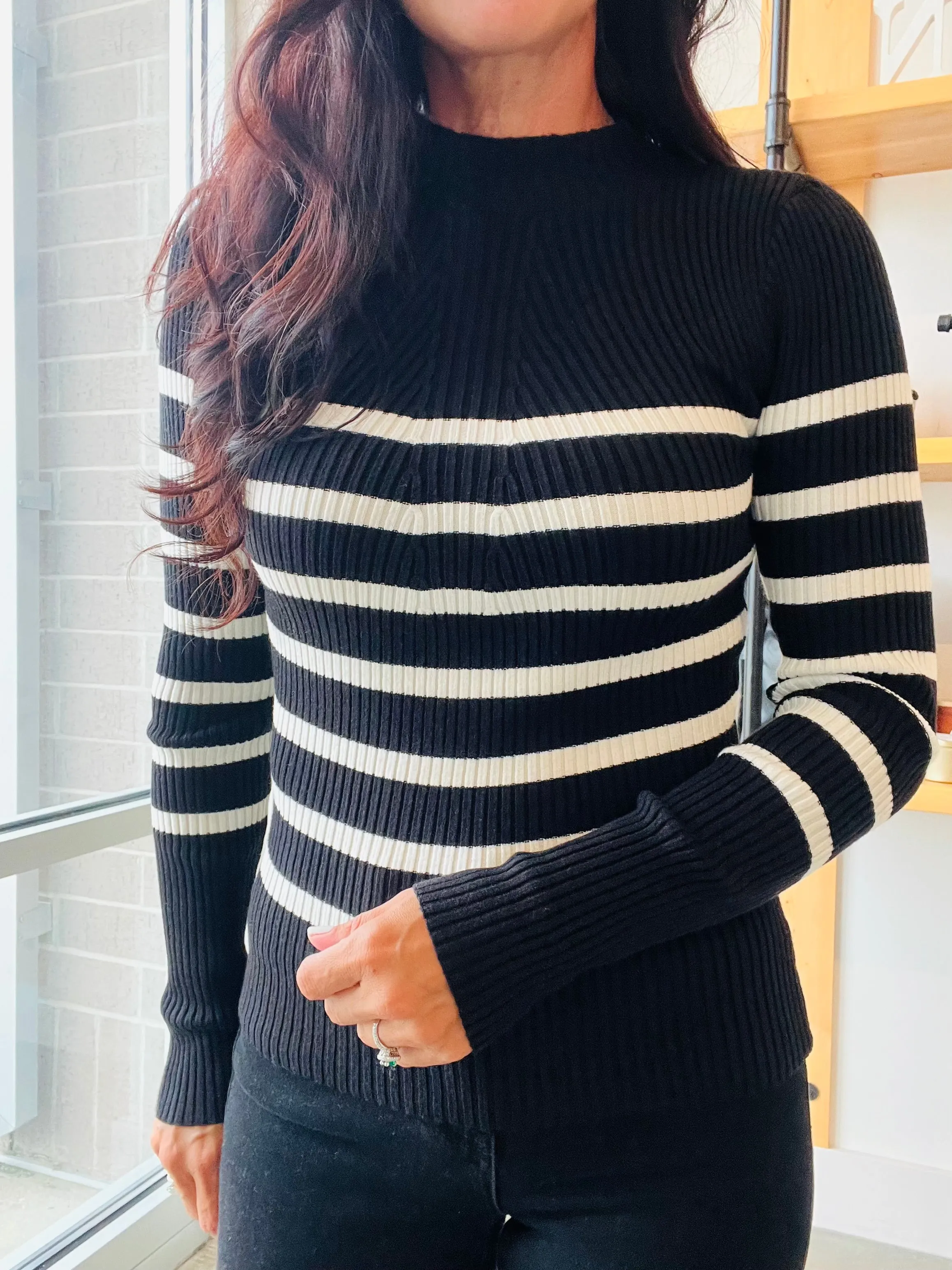 Stripe Mock Neck Sweater in Black