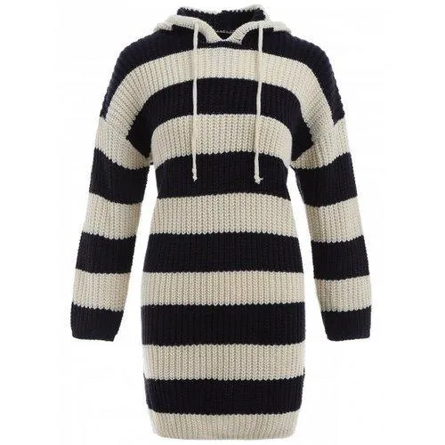 Striped Hooded Bodycon Sweater Dress - Purplish Blue One Size