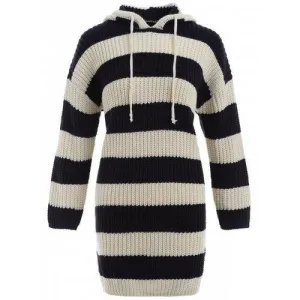 Striped Hooded Bodycon Sweater Dress - Purplish Blue One Size