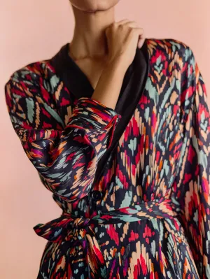 Studio Rigu   I   Womenswear, Western Ikat Kimono Ikat Print On Black Base Srdd044