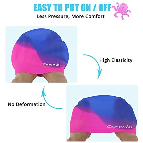 Swim Cap, 2 Pack Durable Silicone Swimming Caps for Kids Girls Boys Youths (Age 2-12), Soft 3D Ergonomic Waterproof Kids Swim Caps, Comfortable Fit for Long Hair and Short Hair