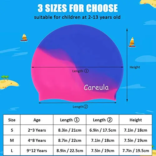 Swim Cap, 2 Pack Durable Silicone Swimming Caps for Kids Girls Boys Youths (Age 2-12), Soft 3D Ergonomic Waterproof Kids Swim Caps, Comfortable Fit for Long Hair and Short Hair