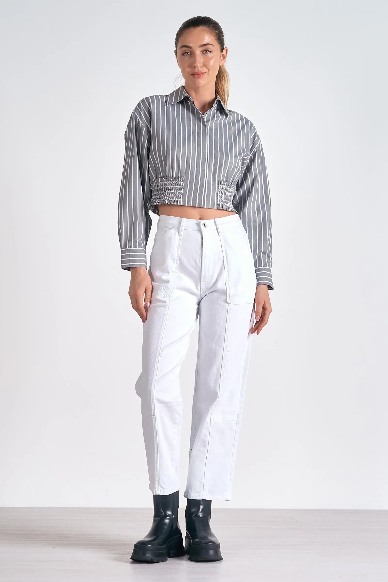 The Vera Smocked Detail Cropped Button Up Top
