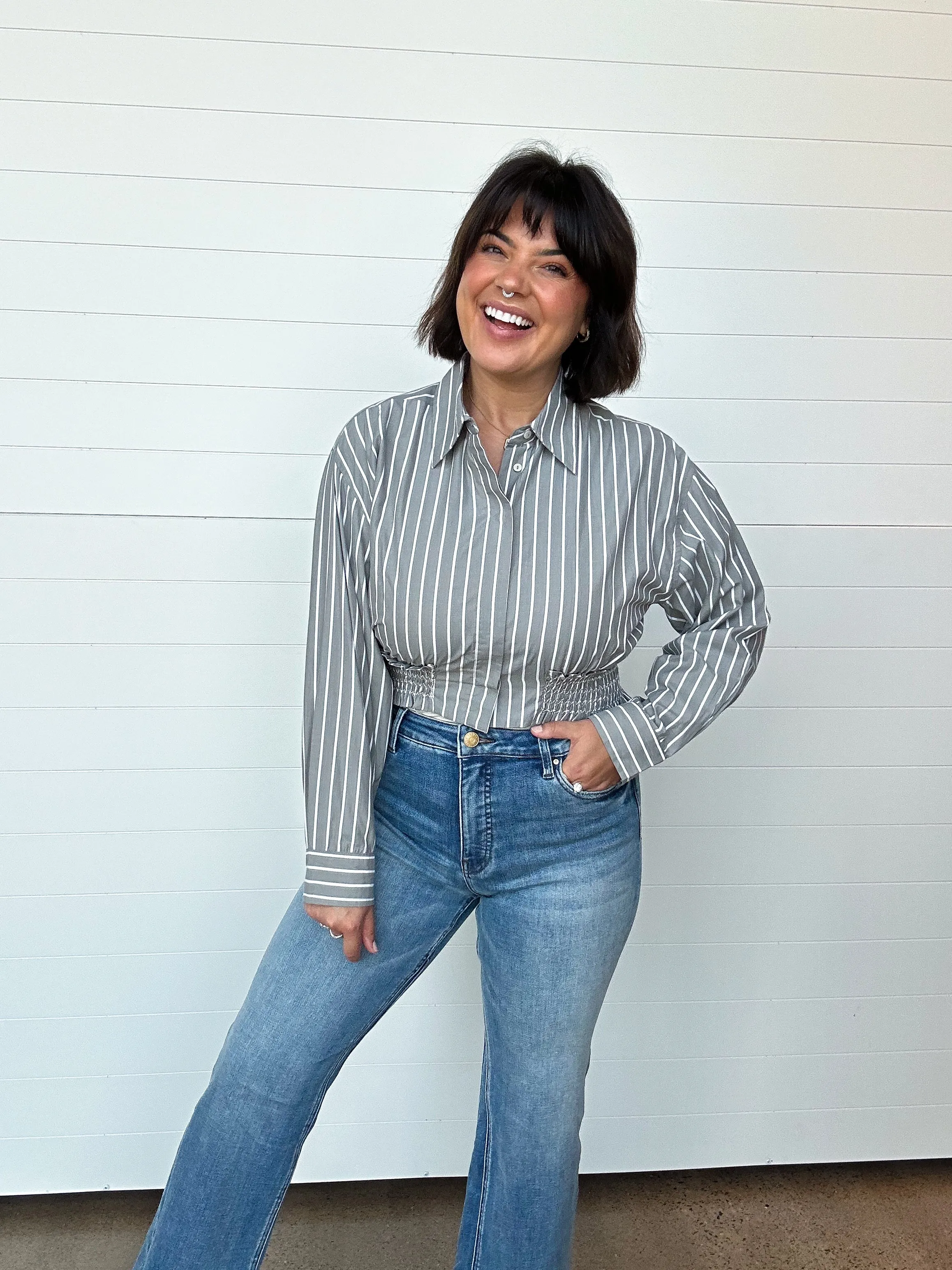 The Vera Smocked Detail Cropped Button Up Top