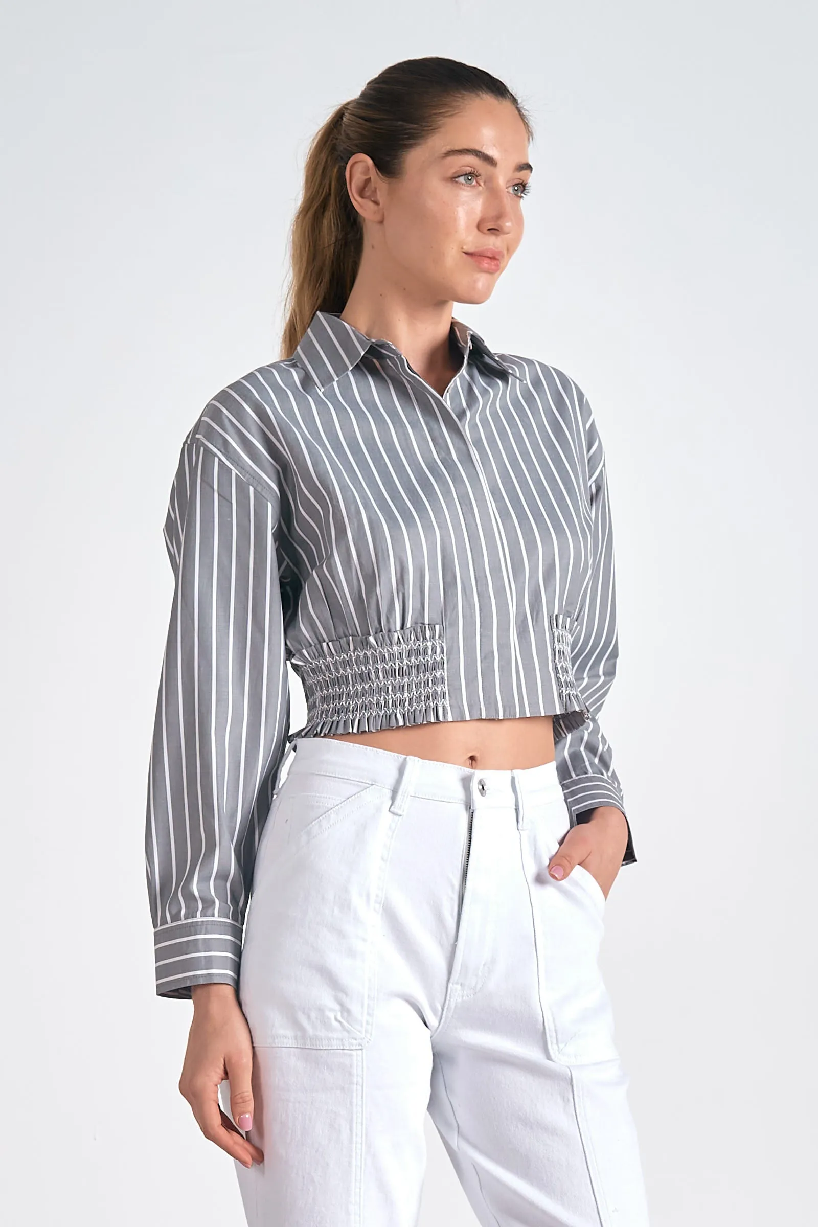 The Vera Smocked Detail Cropped Button Up Top
