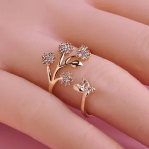 Tree Leaf Crystal Butterfly Adjustable Ring for Women