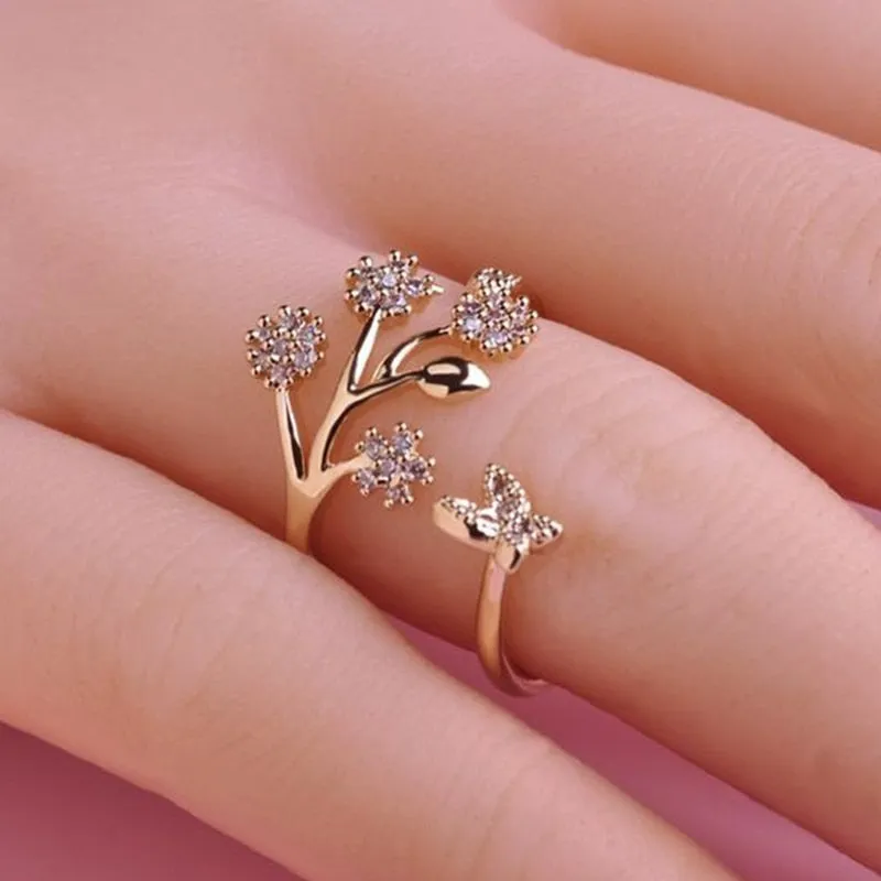 Tree Leaf Crystal Butterfly Adjustable Ring for Women