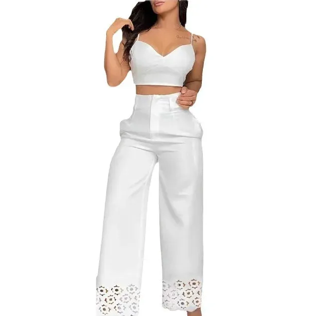 Two Piece Sets Womens Outifits V-Neck Cami Crop Top & Casual White Hollow Out Wide Leg High Waist Pants Set