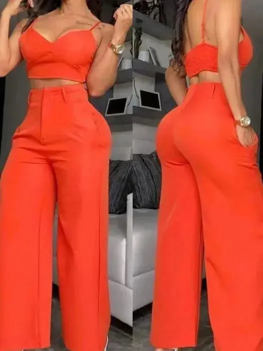 Two Piece Sets Womens Outifits V-Neck Cami Crop Top & Casual White Hollow Out Wide Leg High Waist Pants Set