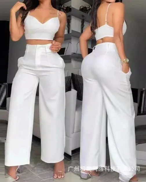 Two Piece Sets Womens Outifits V-Neck Cami Crop Top & Casual White Hollow Out Wide Leg High Waist Pants Set
