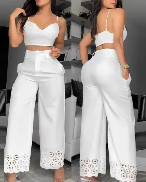 Two Piece Sets Womens Outifits V-Neck Cami Crop Top & Casual White Hollow Out Wide Leg High Waist Pants Set