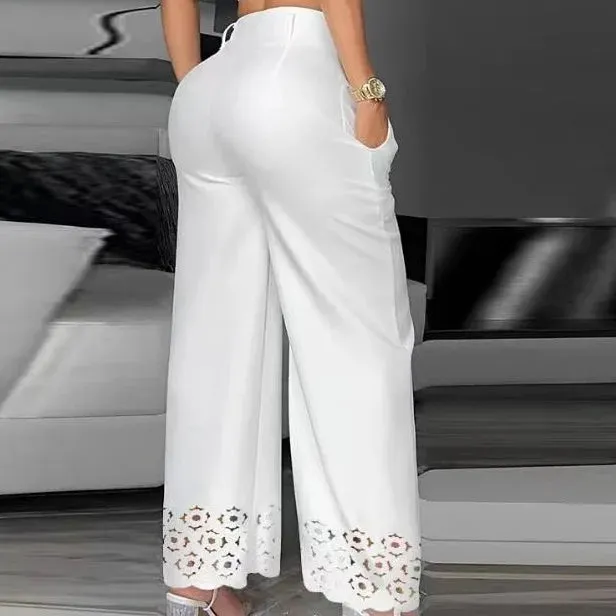 Two Piece Sets Womens Outifits V-Neck Cami Crop Top & Casual White Hollow Out Wide Leg High Waist Pants Set