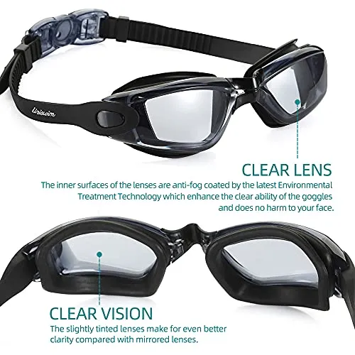 Uniswim Swiming Goggles and Cap Set for Men, Professional Swim Goggles Anti Fog Leakproof UV Protection Clear Wide View, Solid Silicone Swimming Cap for Adults Long Hair Waterproof - Black
