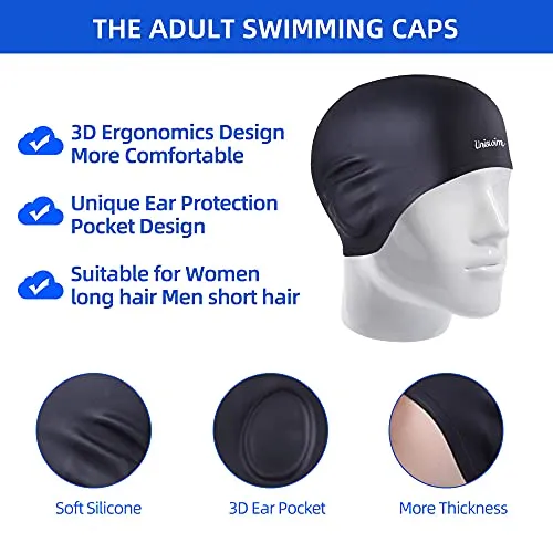 Uniswim Swiming Goggles and Cap Set for Men, Professional Swim Goggles Anti Fog Leakproof UV Protection Clear Wide View, Solid Silicone Swimming Cap for Adults Long Hair Waterproof - Black