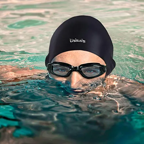 Uniswim Swiming Goggles and Cap Set for Men, Professional Swim Goggles Anti Fog Leakproof UV Protection Clear Wide View, Solid Silicone Swimming Cap for Adults Long Hair Waterproof - Black