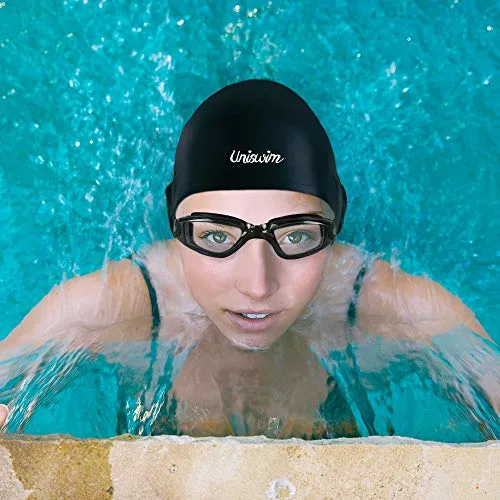 Uniswim Swiming Goggles and Cap Set for Men, Professional Swim Goggles Anti Fog Leakproof UV Protection Clear Wide View, Solid Silicone Swimming Cap for Adults Long Hair Waterproof - Black
