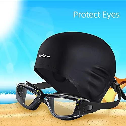 Uniswim Swiming Goggles and Cap Set for Men, Professional Swim Goggles Anti Fog Leakproof UV Protection Clear Wide View, Solid Silicone Swimming Cap for Adults Long Hair Waterproof - Black