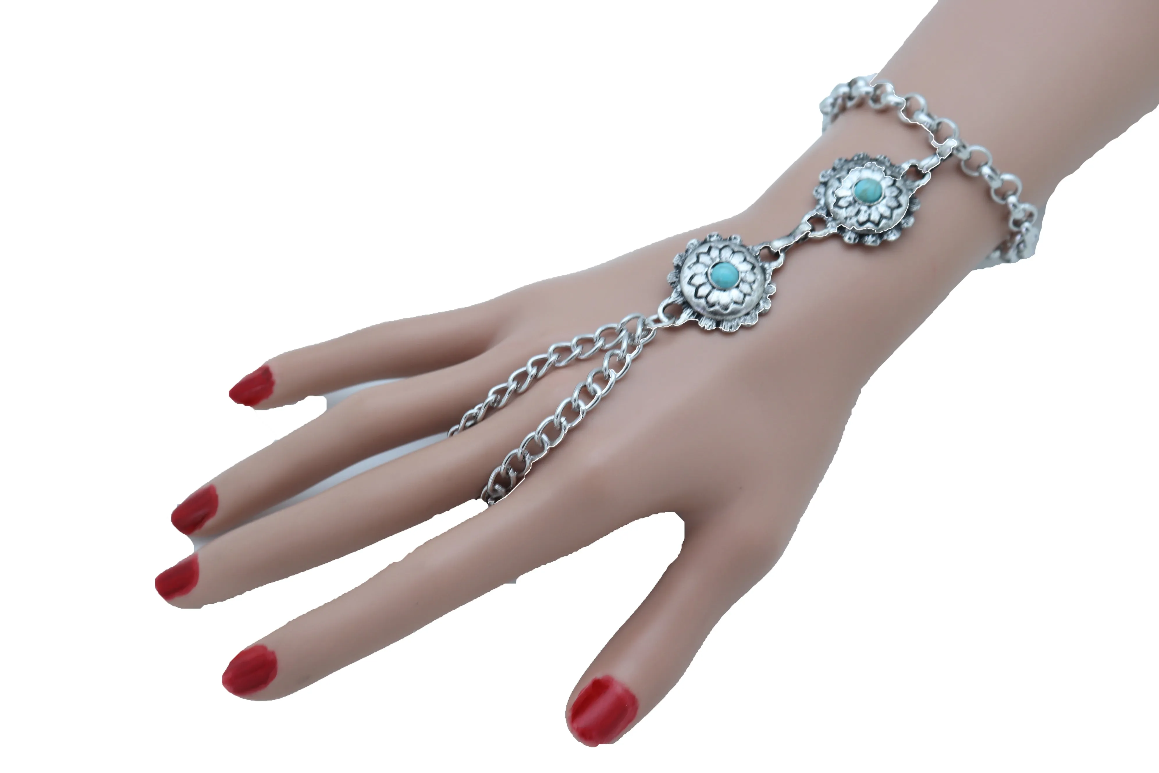 Women Antique Silver Hand Chain Bracelet Western Turquoise Blue Flower Charms
