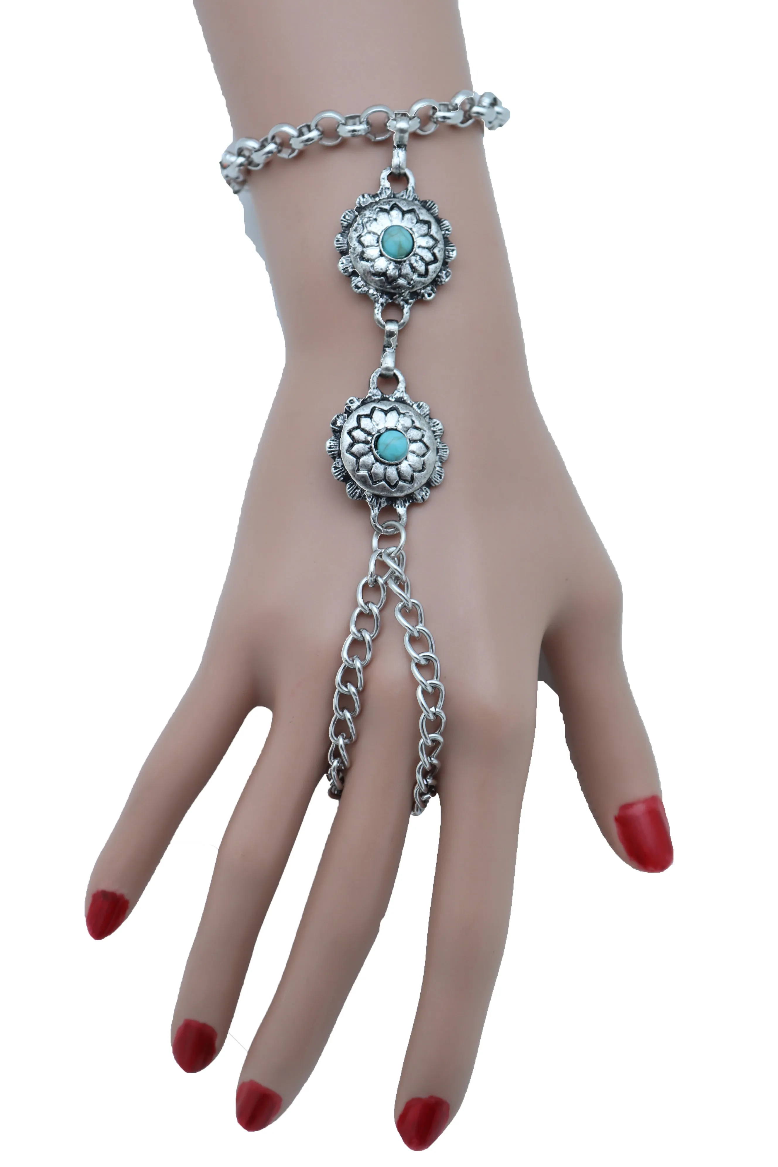 Women Antique Silver Hand Chain Bracelet Western Turquoise Blue Flower Charms