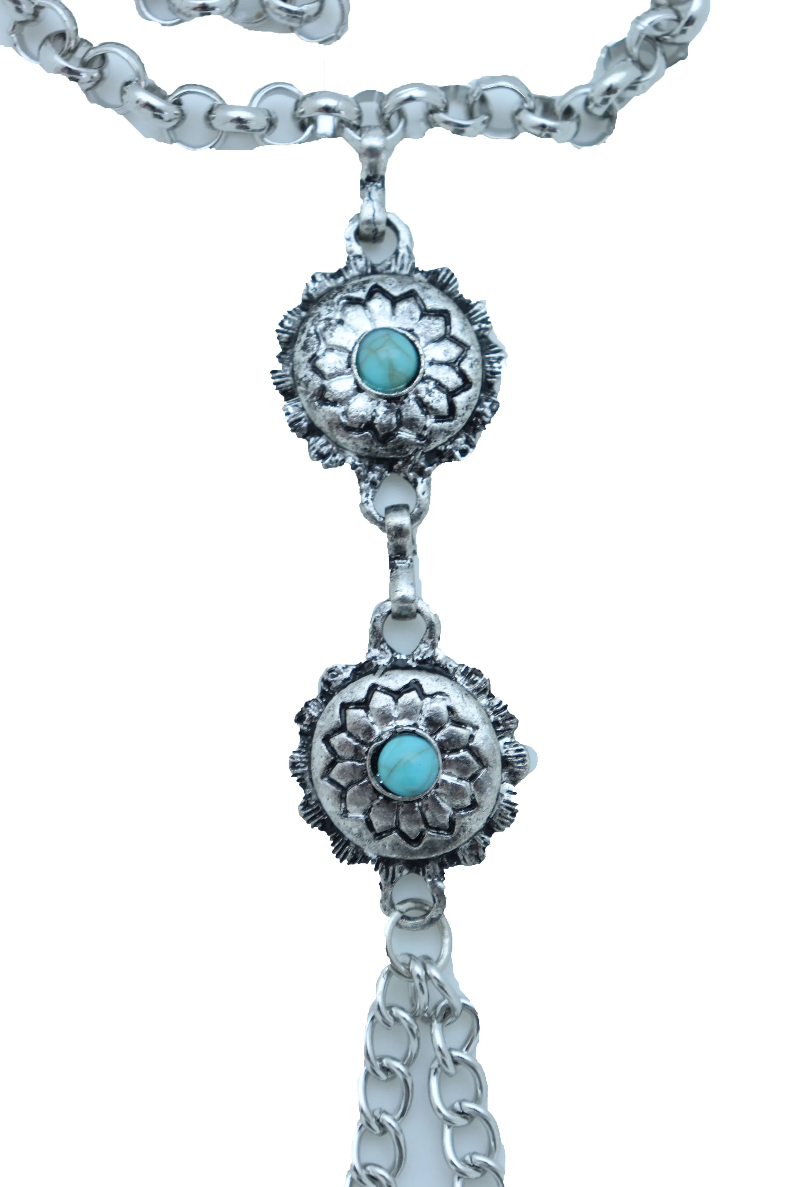 Women Antique Silver Hand Chain Bracelet Western Turquoise Blue Flower Charms