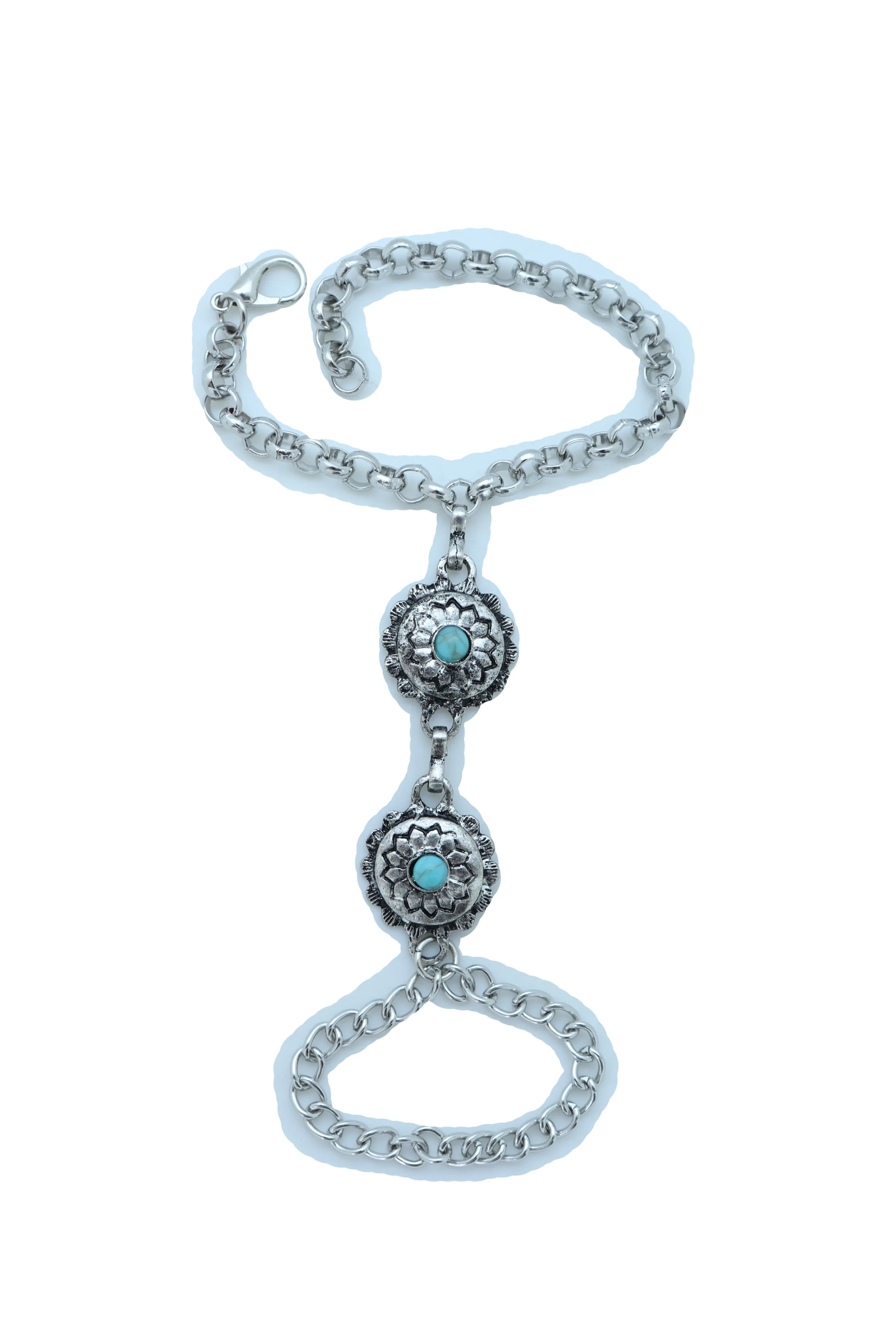 Women Antique Silver Hand Chain Bracelet Western Turquoise Blue Flower Charms