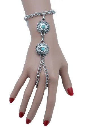Women Antique Silver Hand Chain Bracelet Western Turquoise Blue Flower Charms