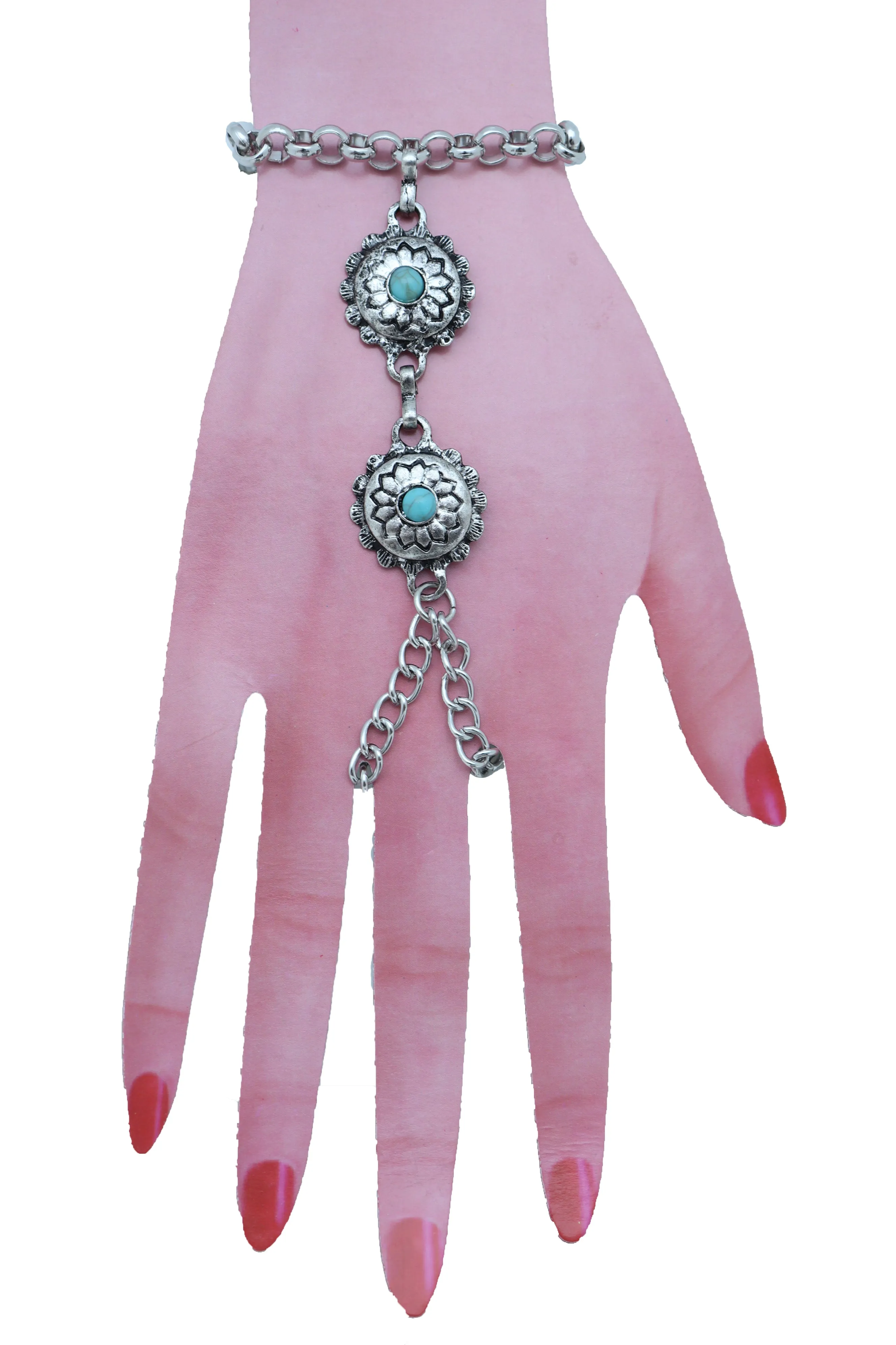Women Antique Silver Hand Chain Bracelet Western Turquoise Blue Flower Charms