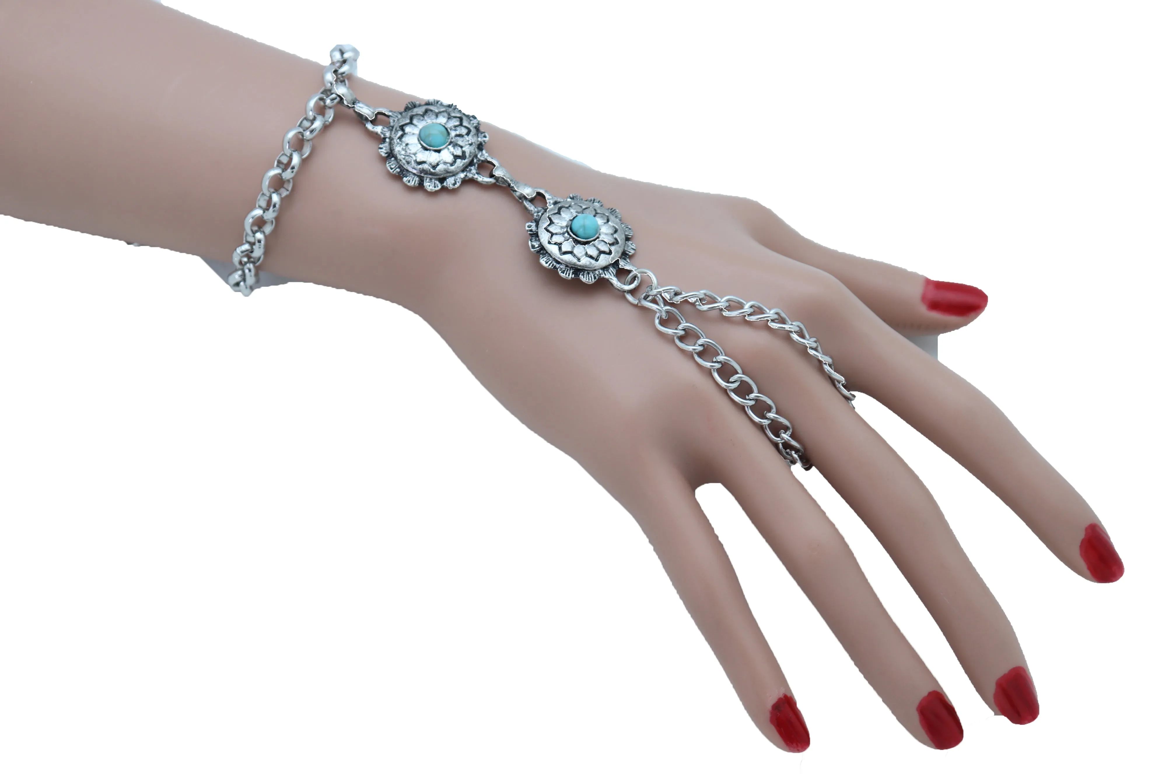 Women Antique Silver Hand Chain Bracelet Western Turquoise Blue Flower Charms