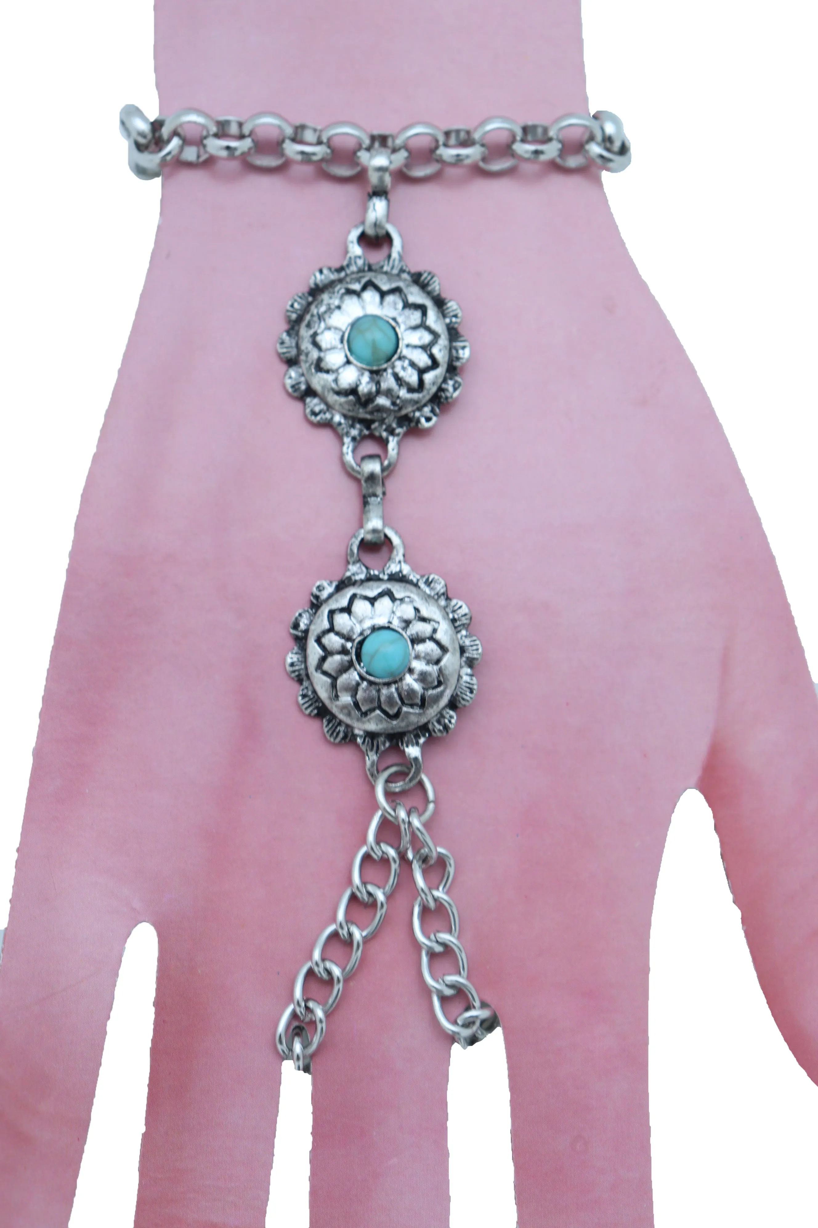 Women Antique Silver Hand Chain Bracelet Western Turquoise Blue Flower Charms