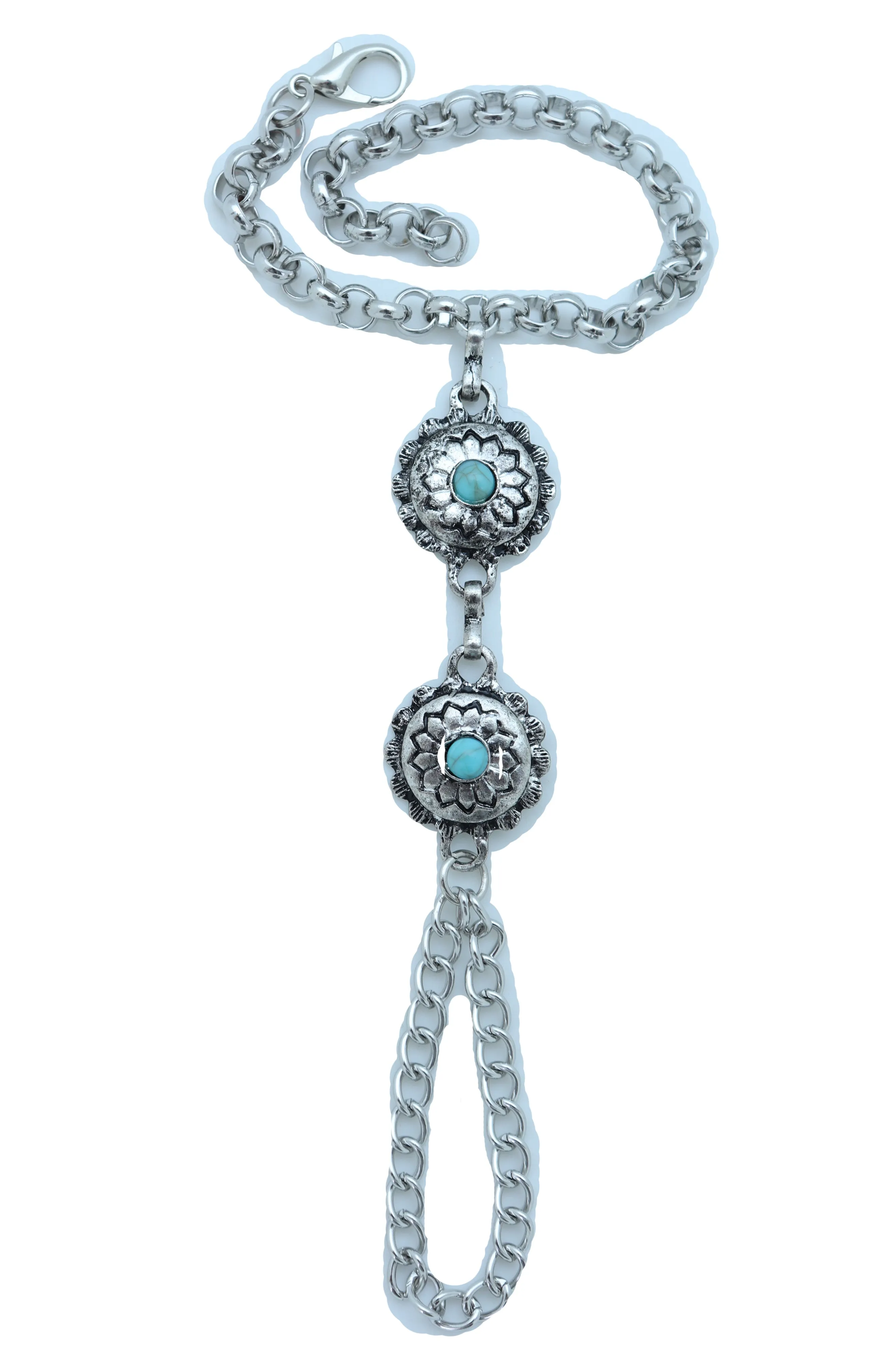 Women Antique Silver Hand Chain Bracelet Western Turquoise Blue Flower Charms