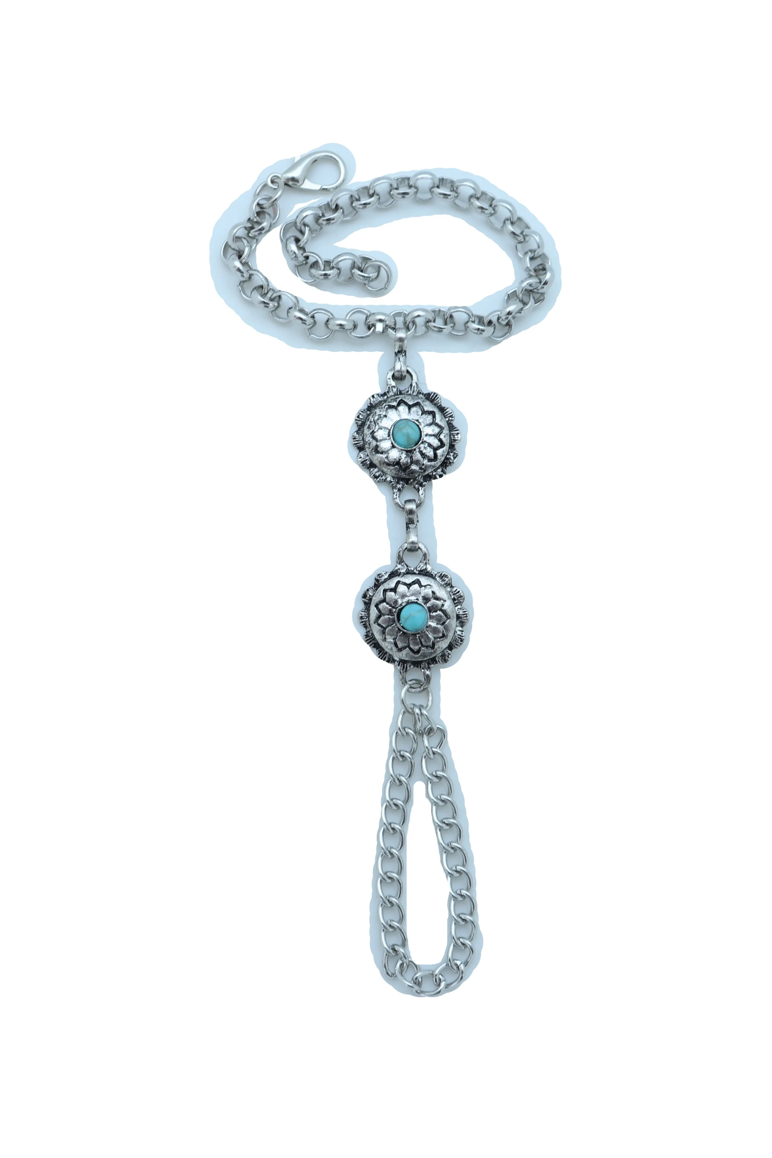Women Antique Silver Hand Chain Bracelet Western Turquoise Blue Flower Charms